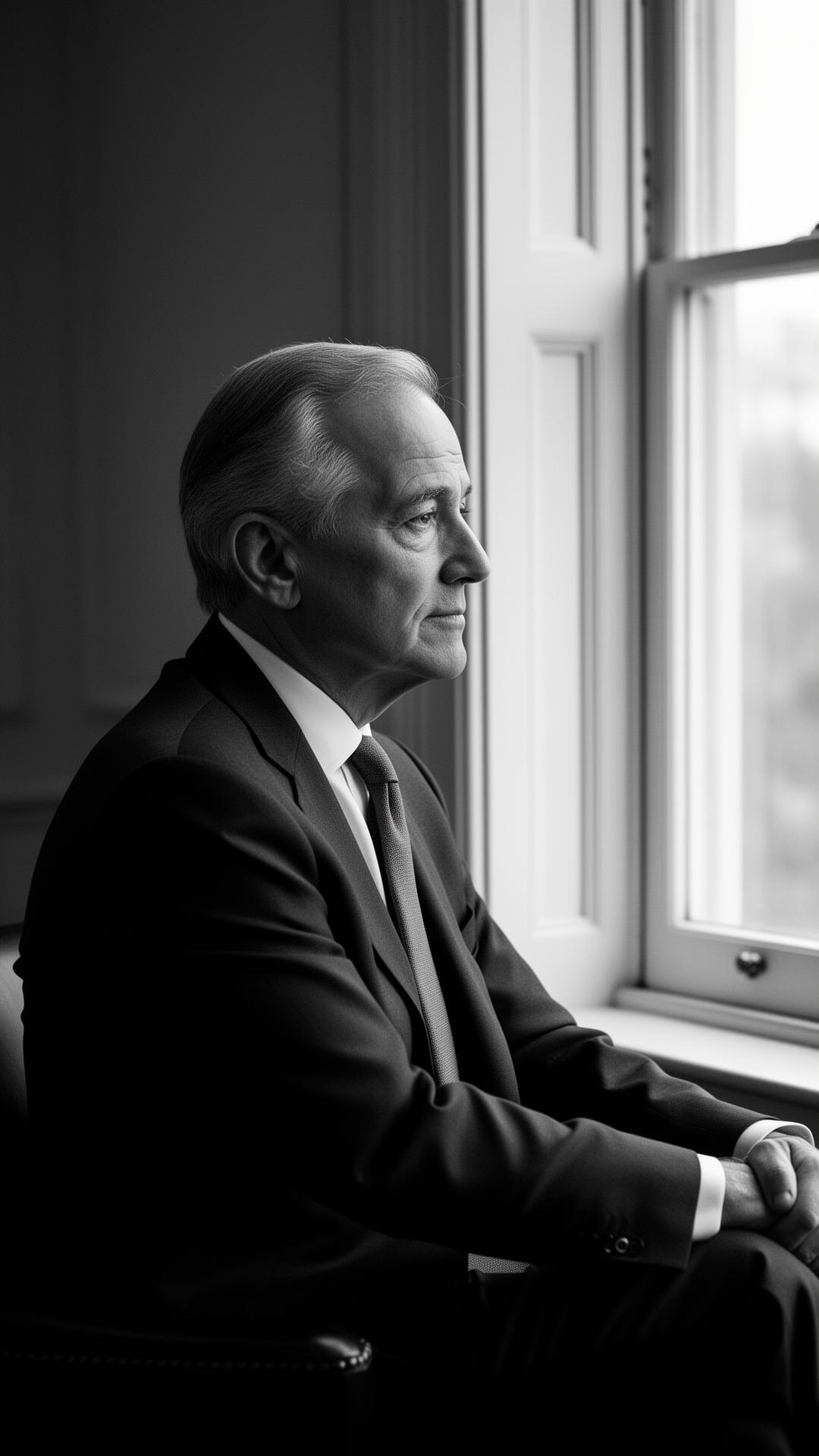 Composed senior executive in profile near a window